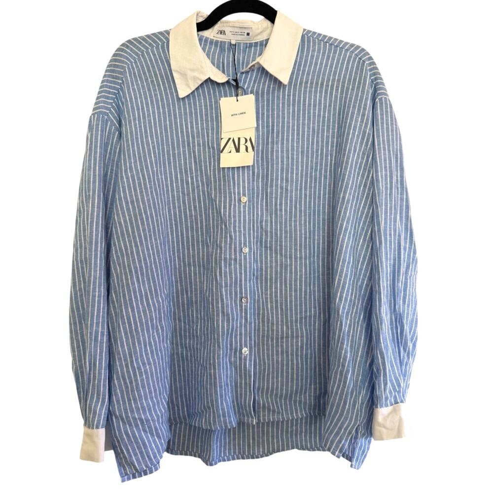 Zara Linen Blend White Blue Stripe Button Down Top Small Oversized Resortwear